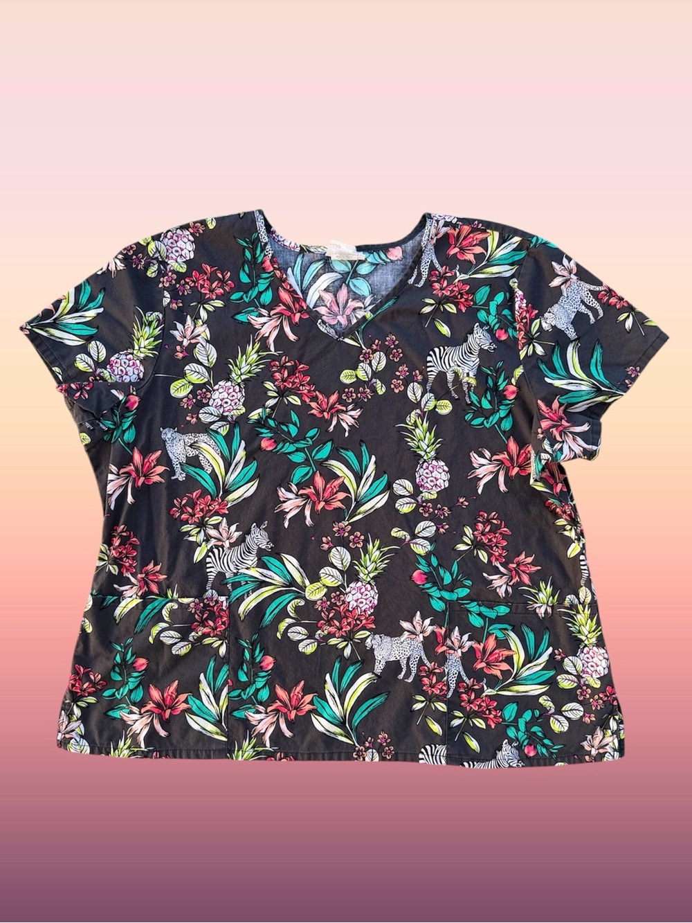 Scrubstar Black Floral & Zebra Print Short Sleeve V-Neck Tee